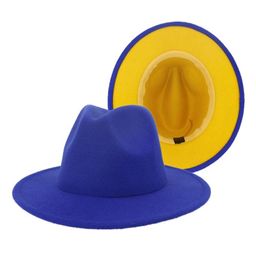 2020 Blue Yellow Patchwork Womens Classic Wide Brim Floppy Panama Hat Belt Buckle Decor Wool Felt Jazz Fedora Hats for Festival2326145