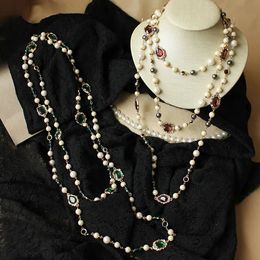 Luxury Crystal Long Pearl Pendant Necklace for Women Sweater Chain Boho Korean Designer Style Jewellery 240509