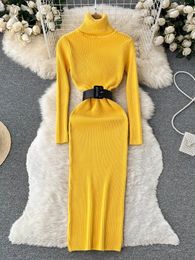 Casual Dresses Winter Clothes Women Sweater 2024 Turtleneck Ribbed Knit Dress Long Sleeve Elegant Midi With Belt