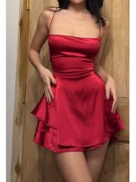 Sexy Backless Bandage Red Dress Women Elegant Satin Sleeveless Bodycon Mini Dresses Fashion Party Club Female Slim Vestidos 240513