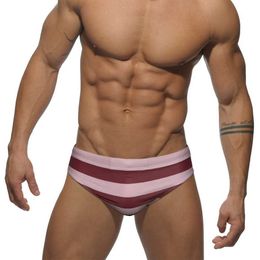 Men's Swimwear Push Pad Swimwear Men Striped Bathing Suit Low Waist Swimming Briefs Summer Male Polyester Quick Dry Sport Beach Surf Underwear Y240517