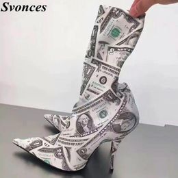 Boots Stylish Dollar Print Pointed Toe Stretch Sock Thin High Heel Ankle Short Slip On Big Size Shoes Women Runway