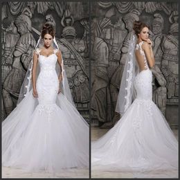 Custom Made 2021 Beautiful Court Train Illusion Transparent Back Beaded Lace Mermaid Spring Wedding Dresses Bridal Gowns 2777
