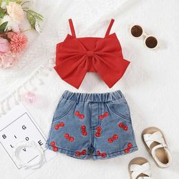 Clothing Sets Summer 2PCS Baby Girl Set Newborn Clothing Pure Red Pendant+Embroidered Printed Denim Shorts Fashion Baby Casual Set J240518