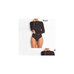 Womens Two Piece Pants Women Long Sleeve Bodysuit Fashion Sexy Stretch Leotard With Button Solid Slim Casual Ladies Rompers Drop Del Dhnfy
