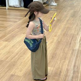 Trousers Girls Pants Korean Style 2024 Summer Solid Colour Lace Up Loose Wide Leg Fashion Casual Simple Children