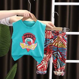 Kleidungssets Kinderkleidung Sommerkleidung Cartoon Dinosaurier O-Neck ärmellose Weste und Hosen Baby Boy Kleidung Set Childrens Track and Field Clothing J240518