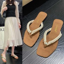 Slippers Clip Toe Beac Women Flats Beaded Shoes 2024 Summer Dress Luxury Flip Flops Fad Walking Slingback Sandals Femme Slides H240517