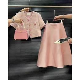 Short Pink Tweed Jacket Temperament Cardigan Large Hem Skirt 2 Piece Sets Womens Outfits Crop Top Slim Coat A Line Skirts 240513