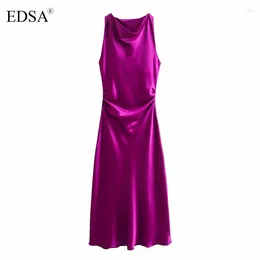 Casual Dresses EDSA WOmen Elegant Purple Satin Midi Dress Sleeveless Round Neck Twisted Shoulders Fitted Wait Dresse Streetwear