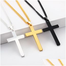 Pendant Necklaces Mooham Polished Cross With Necklace Men Filled Sier Black Gold Stainless Steel Plain Chain 24 Inch Collection Mens D Otyc9