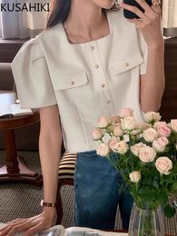 Women's Jackets KUSAHIKI Korean Chic Summer Retro Square Neck Versatile Puff Sleeves Fashion Elegant Short Coat For Women
