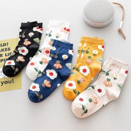 Women Socks French Design Cartoon Flowers Print Creative Personalised Novelty Men Cute Winter Warm Comfortable Cotton