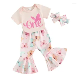 Clothing Sets Summer Baby Girls Letters Print Romper Butterfly Flare Pants Headband One Year Old Birthday Outfit For Born Clothes