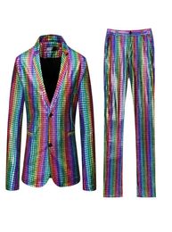 Mens Rainbow Plaid Sequin Glitter Tail Coat Stage Singer Costume Homme Wedding Groom Prom Tuxedo Suits Men Suit JacketPants Men1755556