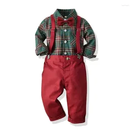 Clothing Sets Boys Autumn Plaid Long Sleeve Shirt Bow Tie Vintage Strap Trousers Suit One Piece Drop