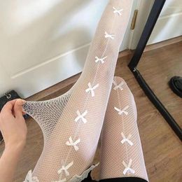 Women Socks Lolita Cosplay Girls Bowknot Hollow Out Pantyhose Sexy Thin Lace Tights Anime Black White Fishnet Silk Stockings