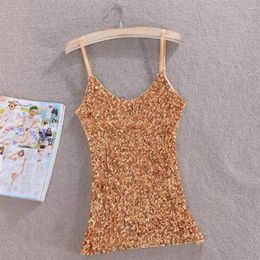 Women's Tanks Girls' Sparkly Dress Shimmering Sequin Outfit Sleeveless Spaghetti Strap Tank Top For Women Shiny O Neck Slim Fit Vest