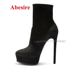 Boots Round Toe Platform Suede Ankle Stiletto Heel Black Short Est Fashion Women Shoes Winter 2024 Big Size Sexy
