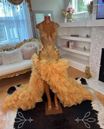 Party Dresses Gold Sparkly Mermaid Prom For Black Girl 2024 Luxury Crystal Beaded Ruffles Skirt Evening Gown Vestidos De Gala