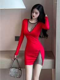 Casual Dresses 2024 Spring Women's Sexy Mature Long Sleeve Round Neck Low Chest Transparent Slim Wrap Buttocks Solid Colour Dress T5RE
