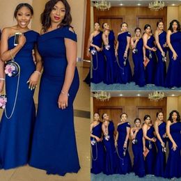 2021 Cheap Sexy Royal Blue Mermaid Bridesmaid Dresses Wedding Guest One Shoulder Cap Sleeves Floor Length Plus Size Maid Of Honour Gowns 237w