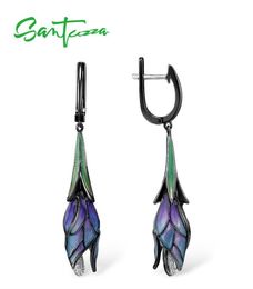 SANTUZZA Silver Earrings For Women Genuine 925 Sterling Silver Exquisite Drop Purple Flower Trendy Fine Jewellery Handmade Enamel CX1206920