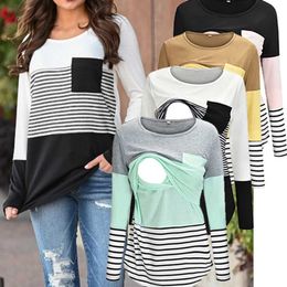 Maternity Tops Tees Fashion Pregnant Women Stiching Color Breastfeeding Nursing T Shirts Casual Loose Long Sleeve Tee Tops For Maternity Y240518