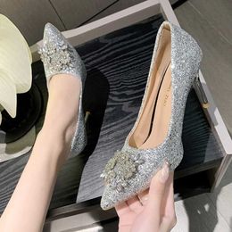 Dress Shoes Lucyever 2024 Bling Silver Sequins Pumps for Women Rhinestone Party Wedding High Heels Woman Pointed Toe Thin Heel H240517