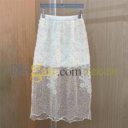 Shiny Sequin Skirts Fashion Designer Patchwork Mesh Dress Luxury Women White Skirts Elastic Waist Fower Party Skirt