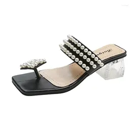 Slippers 2024 Summer Korean Flip Flop Women Luxury String Pearl Elegant Clear High Heels Woman Mules Sandals Sweet Black