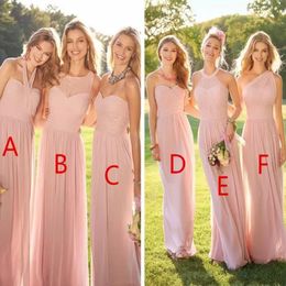 2019 Cheap Pink Pleated Long Lace Chiffon Bridesmaid Dresses Mixed Style Blush Bridesmaid Formal Honor Of Maid Ruffles Custom Wear 3177