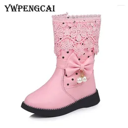 Boots Size 27-37 Children Lace Bow Princess Autumn Winter Girls Thick Warm Snow Mid-Calf PU Leather