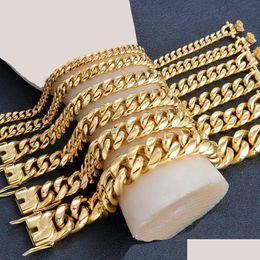 Chain Stainless Steel Miami Curb Cuban Link Bracelet Dragon Clasp Lock Bangle Hip Hop Rapper 18K Gold Plated Women Men Jewellery 231016 Dhalr