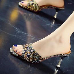 Slippers Sandals Women 2024 Summer Ethnic Wind Rhinrhinous Rivet Fine Heel High One Line Open-toe Wear