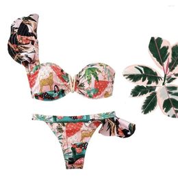 Women's Swimwear One Shoulder Swimsuit Print Bikinis Brazilian Bikini Set Swimming Suits Bathing Suit Summer Beachwear Biquini Female