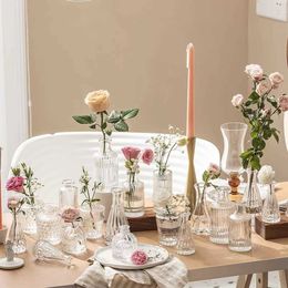 Vases Nordic minimalist vase European style decoration living room dining table transparent pink 10 piece set glass flower arrangement dried fresh flowers H240517
