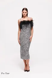 Party Dresses PuTao Celebrity For Women Luxury Diamond Chain Straps Feather Sliver Sequins Glitter Midi Cocktail Dress 2024