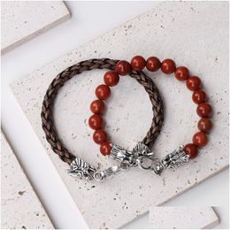 Charm Bracelets Wholesale Natural Stone Beads Leather Rope Double Layer Mens Vintage Alloy Dragon Drop Delivery Jewellery Dhjte