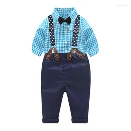 Clothing Sets Wholesale Children's Spring Boys' Plaid Long-Sleeved Shirt Bow Suspender Trousers Two-Piece Set