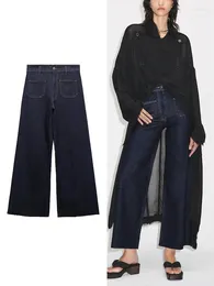 Women's Jeans TRAFZA Fashion Patch Pocket Wide Leg Slim Vintage High Waist Straight Zip Street Style Trousers