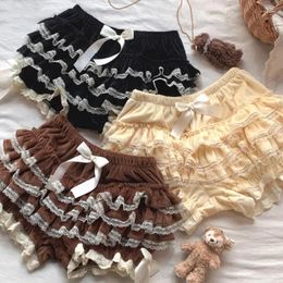 Women's Panties Autumn Winter Warm Lolita Safety Short Pants Women Sweet Chic Plush Bloomers Japanese Y2k Lace Bow Knickers Harajuku Cute