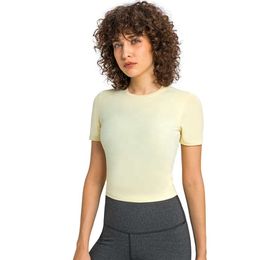 LUアラインTシャツの女性サマーティーラウンドネックヨガヨガ服通気性高速乾燥レジャースポーツ短袖弾性スリムTシャツの女性