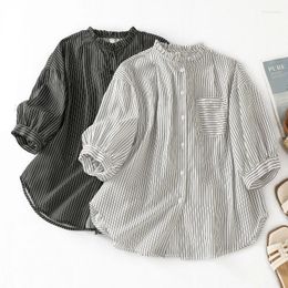Women's Blouses Cotton Linen Vintage Shirt Summer Stripe Loose Short Sleeve Women Tops Fashion Clothing YCMYUNYAN