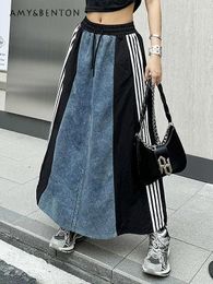 Skirts Korea Retro Denim Stitching Skirt Women Summer Loose Fashion Casual Striped A-line Office Lady Slim