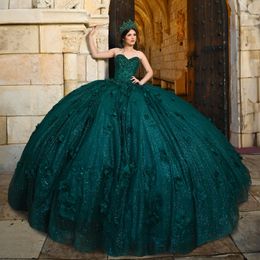 Blackish Green Shiny Quinceanera Dresses Mexican 3D Flowers Off The Shoulder Ball Gowns Lace Up Vestidos 15 De XV Sweet 16