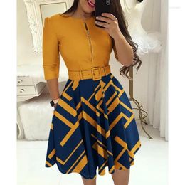 Casual Dresses Autumn Elegant Print Slim Belt Party Dress For Women 2024 Sexy V Neck Zipper Long Sleeve A Line Office Lady Femme