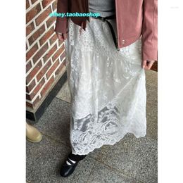 Skirts High Waist Hook Flower Hollow Solid Colour Lace A-line Skirt Women 2024 Spring Streetwear Loose Casual Mid-length