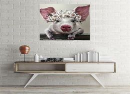 Prints Pictures Home Decor 1 Piece Bristle Pig Wearing Wreath Canvas Bristle With Flower Crown Painting Bathroom Wall Art Poster T7855089