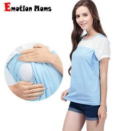 Maternity Tops Tees Emotion Moms Summer Maternity Clothes Nursing Breastfeeding Tops for Pregnant Women Blue Short Sleeve Maternity T-shirt Clothing Y240518